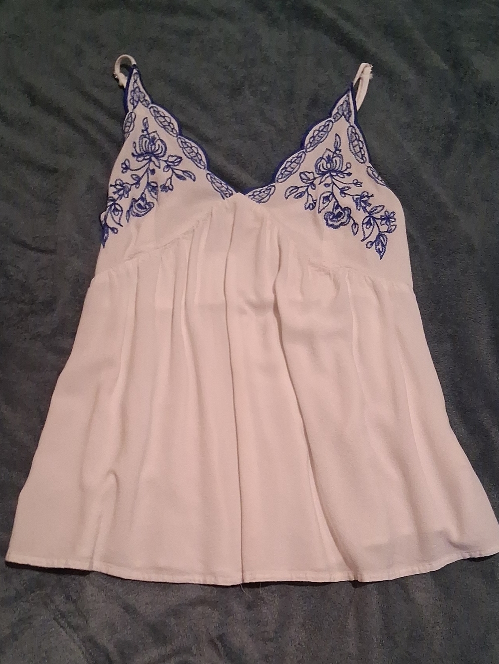 love on a hanger White Camisole with Blue Floral Embroidery